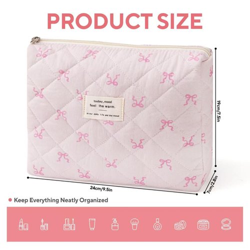 MZLUWM Large Travel Quilted Makeup Bag，Cute Bow Cotton cosmetic bag, Fashionable aesthetic makeup bag,Coquette Aesthetic Floral Travel Toiletry Bag for Women