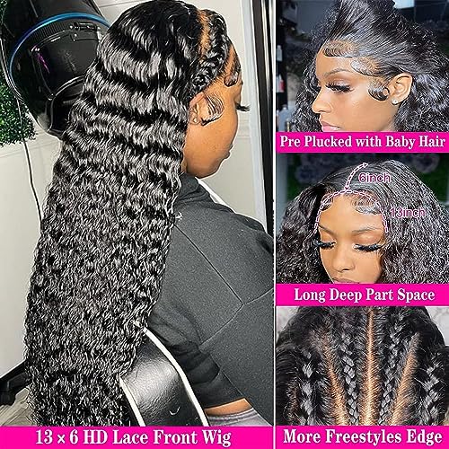 Hswpawk 13x6 Deep Wave Lace Front Human Hair Wigs - Glueless, Wet & Wavy, Pre-Plucked Curly Lace Frontal Wig