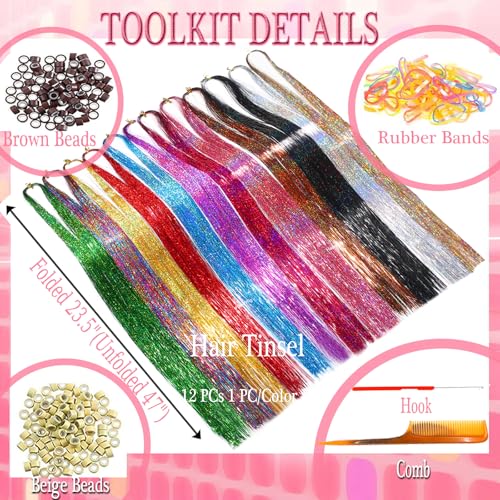 Hair Tinsel Tools Kit,Fairy Hair Strands for Women & Girls,Easy Apply Hair Highlights for Party, Festival & Daily Use (12 Colors+Tools, 47 Inches)