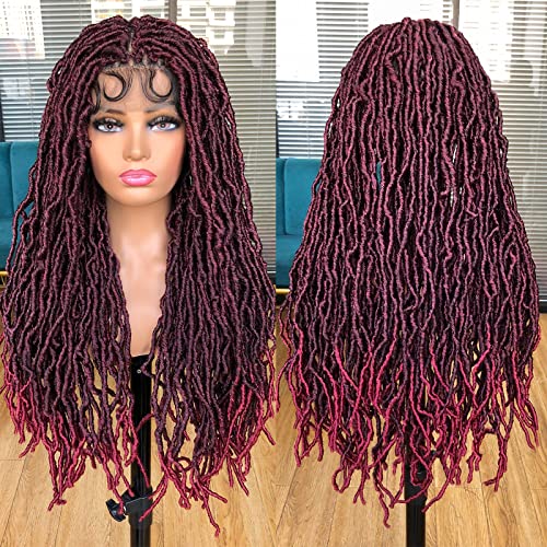 Annivia 32Inch Full Double Lace Box Braided Wigs for Black Women Faux Locs Square Knotless Wigs with Baby Hair Long Dreadlock Wig Natural Black Hand-braided Synthetic Twist Lace locs Wig Ombre Red