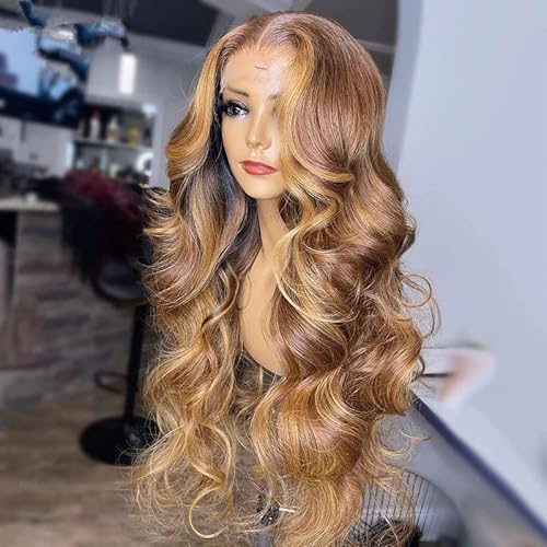 Transparent 13x6 HD Lace Front Wigs for Black Women Body Wave Ombre Highlight Brown with Honey Blonde Color 180% Density Pre Plucked Hailine and Bleached Knots (26Inch, 13x6 Lace Front Wig)