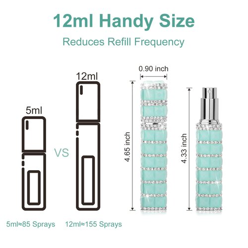 TTOYOUU Travel Perfume Atomizer Refillable Bottle, 12ml Rhinestone Mini Perfume Bottles Empty Refillable Travel Atomizer Sprayer with Funnel (Light Green)