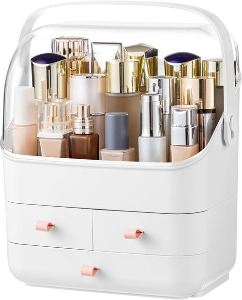 HBlife Makeup Organizer, Waterproof & Dustproof Cosmetic Storage, Fully Open Lid Makeup Display Box, Skincare Organizer for Bathroom Countertop Vanity, White
