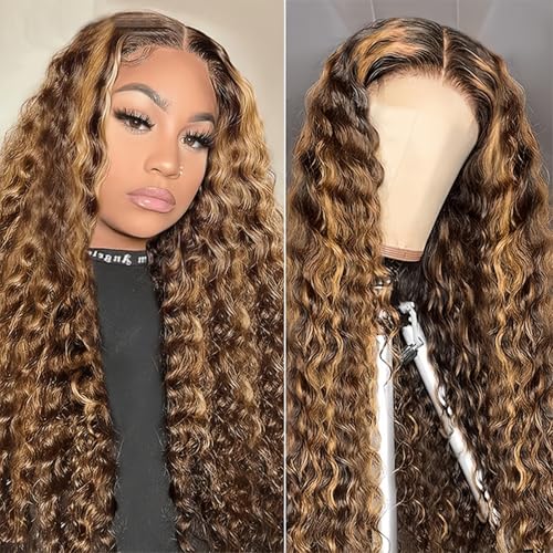NVL Lace Front Wigs Human Pre Plucked with Baby Hair 200 Density 13x4 HD Transparent Straight Lace Front Wigs for Women Human Hair Glueless (4/27 highlight deep wave lace front wig, 26 Inch)