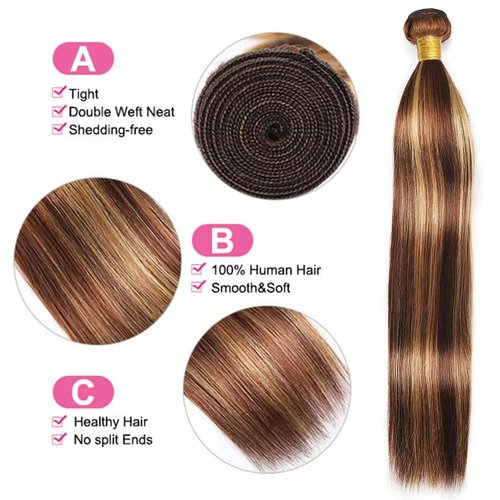 P33/27 Highlight Blonde Bundles Human Hair Straight Bundles 18 20 22 Inch 3 Bundle Unprocessed Brazilian Virgin Hair Reddish Brown Straight Human Hair Extensions 50 Gram Per Bundle