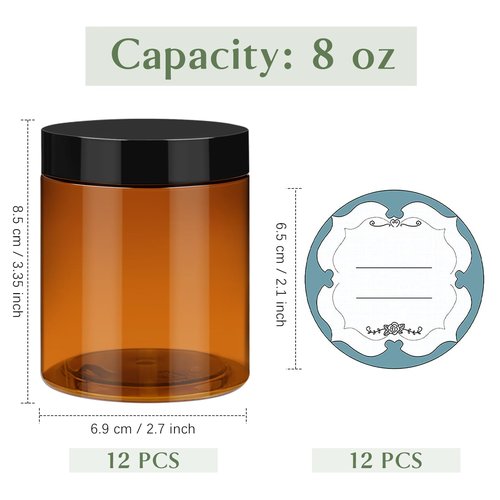 Qeirudu 8 oz Amber Plastic Jars with Lids and Labels, 12 Pack Empty Brown Body Butter Containers for Body Scrub, Cosmetic Beauty Products, Creams and Lotion