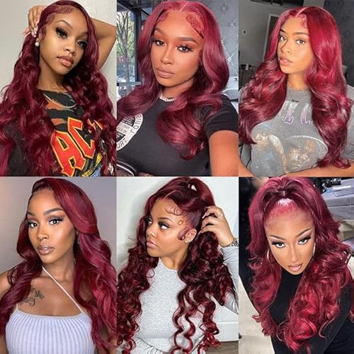 28 Inch 99J Burgundy Lace Front Wigs Human Hair Pre Plucked with Baby Hair 180% Density Glueless Wine Red Colored Body Wave Human Hair Wig 13x4 HD Transparent Lace Frontal Wigs for Women