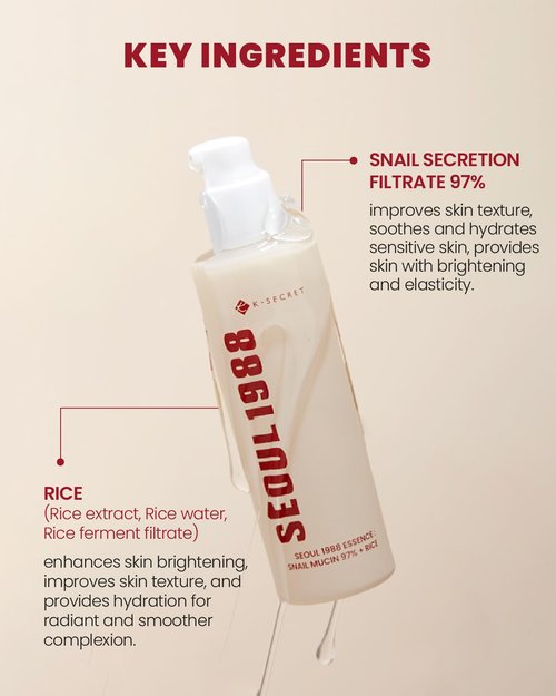 K-SECRET SEOUL 1988 Snail Mucin 97% Essence – Concentrated Yet Lightweight Formula Infused with 97% Snail Mucin | Soothing & Fast-Absorption Facial Serum | Korean Skincare, 100ml / 3.38 fl oz