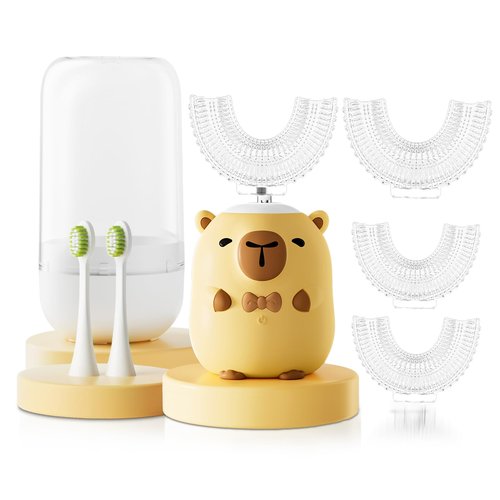 ELOTAME Kids Electric Toothbrush U Shaped - Cartoon Capybara with 6 Brush Heads Full Mouth Degree Cleaning Sonic Toddler Automatic Toothbrush with IPX7 Waterproof (Capybara 2-14 Years)