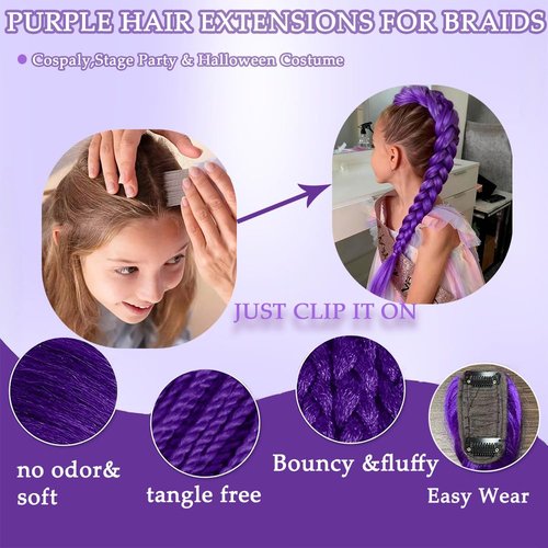 HAITOO Purple Hair Extensions for Braids, 26 Inch Extra Long Braided Ponytail Extension Easy Clip in Ponytail for Cosplay Stage Party Halloween Costume (26 Inch Ponytail)