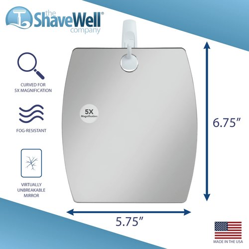 Shave Well Magnifying Anti-Fog Hanging Shower Mirror for Shaving | Curved Design for 5X Magnification | Light and Virtually Unbreakable | Includes Long-Lasting Removable Adhesive Hook