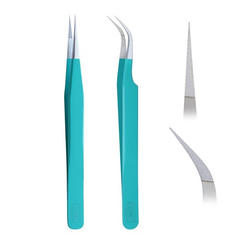 HADIZ Fiber Tip Eyelash Extension Tweezers Volume Lash Tweezer Staright & Curved Pack of Two (turquise)