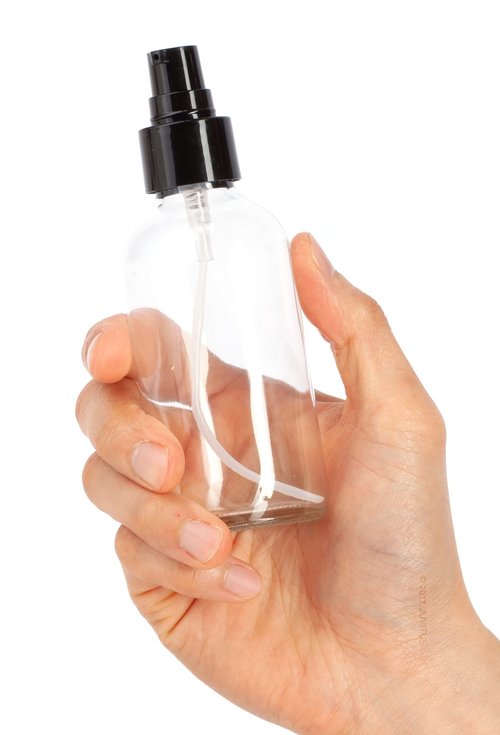 JUVITUS 4 oz Clear Glass Boston Round Bottle with Black Treatment Pump (12 Pack) + Funnel
