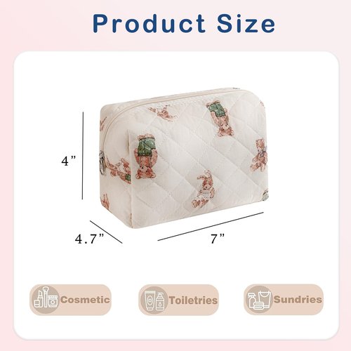 Cute Small Makeup Bag,Quilted Floral Cotton Cosmetic Pencil Pouch, Quilted Flowers Pencil Case with Zipper, Kawaii Travel Toiletry Bags for Purse(13White Bear)