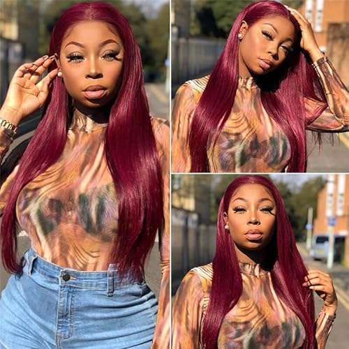 SUPERNOVA 99J Burgundy Lace Front Wigs Human Hair 4x4 HD Straight Wigs with Baby Hair 180% Density Red Wine Colored Wigs for Women 22 Inch