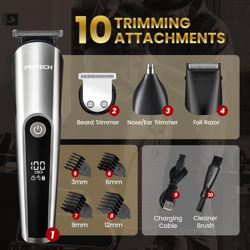 PRITECH Beard Trimmer for Men, 3 in 1 Hair Clippers for Men Kit, Nose,Ear,Micro Electric Shaver, Mens Grooming Set Cordless with LED Display IPX6 Waterproof (Silver)