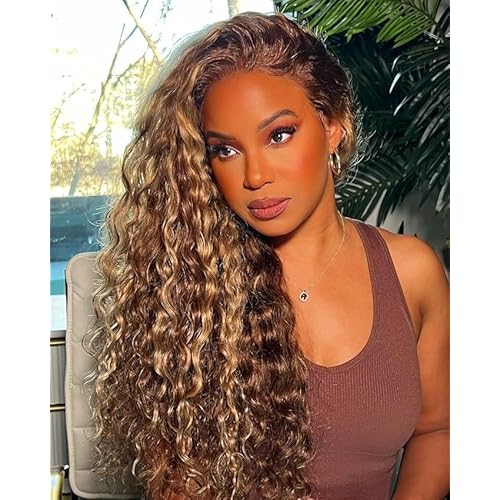 Honey Blonde 360 Lace Front Wigs Human Hair Pre Plucked 180% Density, Deep Wave Highlight Curly Brown Full 360 HD Lace Frontal Wigs, 4/27 Colored 12A Soft Shinny Thick Brazilian Hair 18 IN