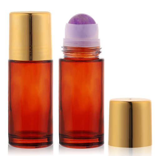 RAMFIYN 2 pack Large Amber Glass Roll on Bottles for Essential Oils Perfume Refillable Roller Ball Applicator Empty Deodorant Containers with Purple Crystal Rollerball