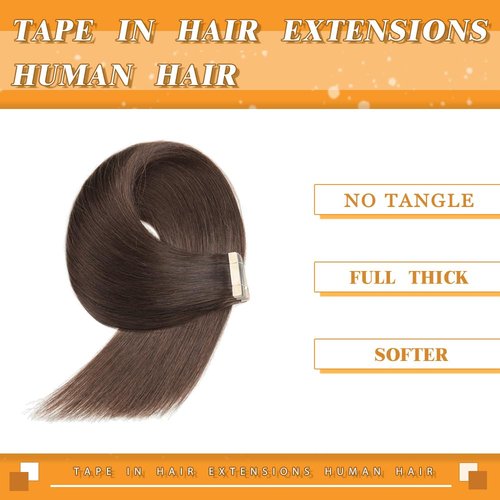 YDDM Tape in Hair Extensions Human Hair Dark Brown 16 Inch 20pcs 100% Remy Human Hair for Women Straight Invisible Seamless Remy Tape in Hair Extensions(2#,16 Inch)