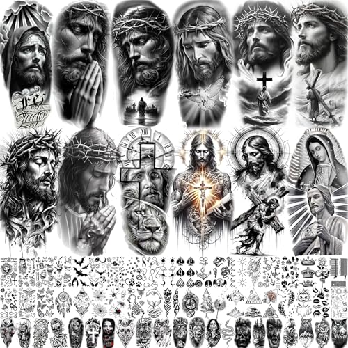 73 Sheets God Jesus Christ Temporary Tattoos For Men Adults, Religious Cross Prayer Half Arm Sleeve Tattoos For Women Rose Flower, Temp Christian Faith Belief Family Fake Tattoo Stickers Halloween