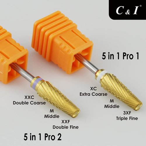 C & I 5 in 1 Nail Drill Bit, Mixed Sizes Edition, Cross Teeth, 2 Way, Professional Multi-function Nail Drills for Electric Manicure Drill Machine, Shank 3/32” (Pro)