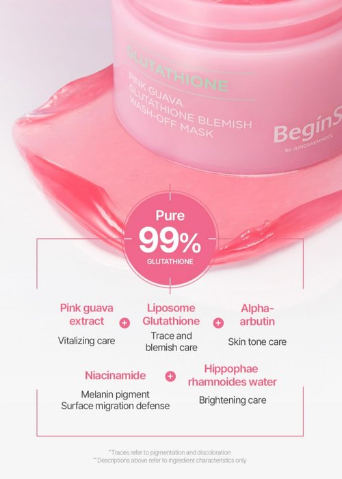 BeginS by JUNGSAEMMOOL Pink Guava Glutathione Wash-Off Mask 3.17 Fl Oz, Jelly Texture Face Mask with Vitamin C and Niacinamide for Skin Hydration, Blemish Care, and Radiant Glow, Korean Skincare