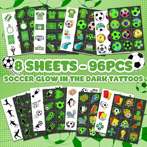 96 PCS Soccer Ball Pre-Cut Luminous Glow in The Dark Temporary Tattoos Themed Birthday Party Decorations Favors Supplies Decor Europa Sports Tattoo Stickers Gifts For Game Boys Girls Class School