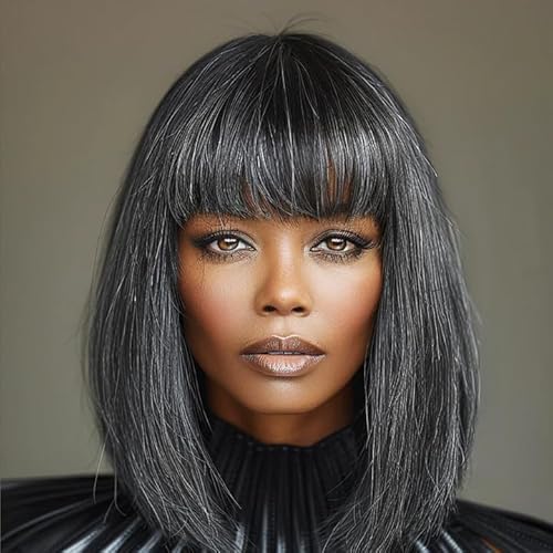 soul lady Chic Glueless Layered Wigs With Bangs Dark Salt & Pepper Straight Human Hair Real Wear To Go Wigs For Women Natural and Silver Grey Wear and Go Bob Wig Natural and Gray 12 Inch