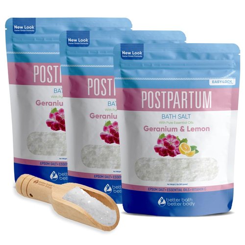Postpartum Bath Salt (3 Pack with Scoop) Postpartum Bath Soaks USP Grade Epsom Salt with Pure Essential Oils in BPA Free Pouch with Press Lock Seal Made in USA Three 2 Lbs Pouches 6 Lbs Total