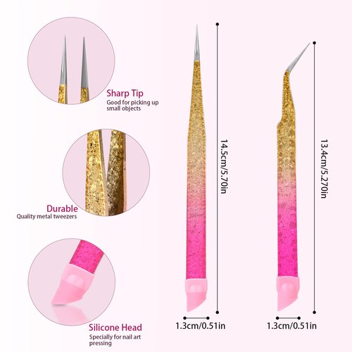 Double Ended Nail Art TweezersCurved,2Pcs Tweezers, Eyelash Tweezers, Straight Fine Tip Tweezers for Women with Silicone Pressing Tips, Suitable for Nail Art, Hair Removal, Jewelry