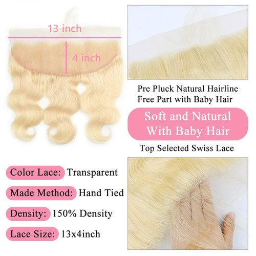 613 Frontal Body Wave 13x4 Transparent HD Lace Closure 100% Brazilian Ear To Ear Blonde Human Hair Frontal Free Part Pre Plucked with Baby Hair Bleached Knots 14 Inch