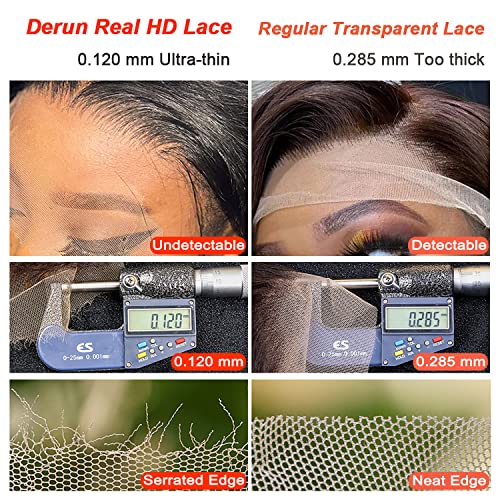Derun 13x6 Real HD Lace Front Wig Human Hair 180% Density Straight Virgin Hair Invisible 0.1mm Ultra-thin Swiss Lace Glueless Bleached Knots Clean Hairline with Baby Hair for Women (18 Inch, 13¡¿6 ST)