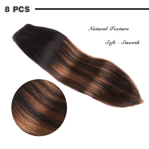 14" Remy Clip in Hair Extensions Human Hair Natural Black to Chestnut Brown Highlight Black for Beauty - Short Silky Straight 8pcs Real Hair Extensions Clip In Human Hair(14 inch 100g #(1BT6) P1B)