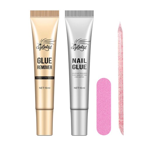 GELLAKTIK 10g Nail Glue for Press On Nails - Super Strong, Quick Drying, Long Lasting Adhesive for Fake Acrylic Nails & Tips, No UV Light Needed, Includes Nail Glue Remover for Press On Tips