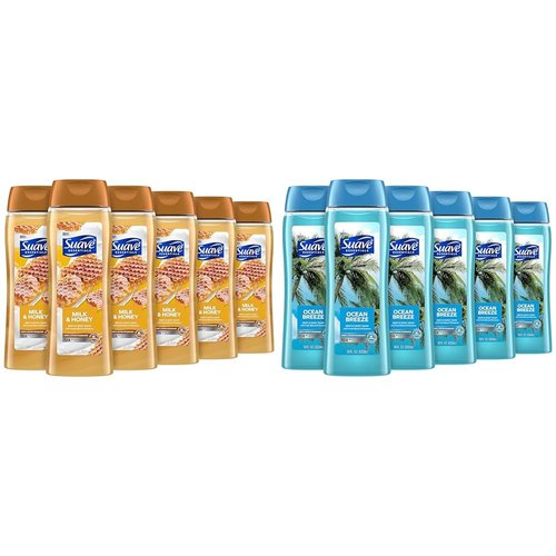 Suave Moisturizing Body Wash, with Milk & Honey and Vitamin E Extract & Moisturizing Body Wash, with Ocean Breeze Scent and Vitamin E Extract, No Parabens, No Phtahaltes, 18 Oz Pack of 6