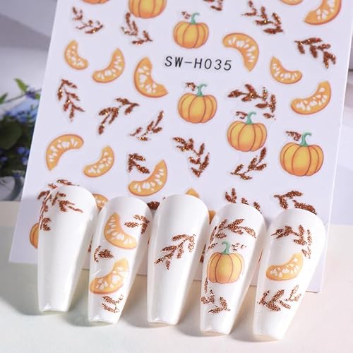 Pumpkin Nail Art Stickers Fall Maple Leaf Nail Decals 6PCS Maple Leaves Pumpkin Nails Design 3D Self-Adhesive Nail Art Supplies Fall Stickers for Nails Thanksgiving Day Women DIY Manicure Decorations