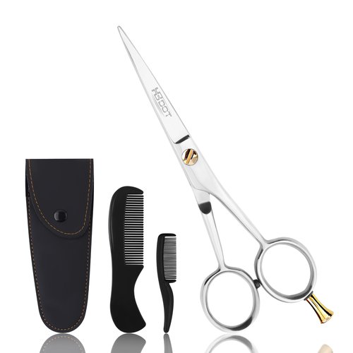 HB DOT - Professional Mustache Scissors, 5 Inches Black Mustache Beard Scissors, German Stainless Steel Beard Scissors for Men with Case, 2 Combs (Silver Shine)