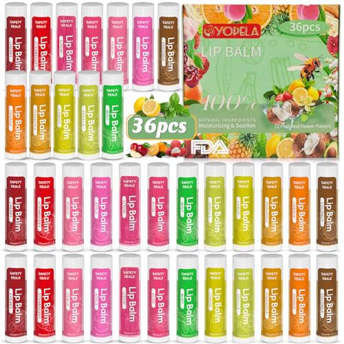 Yopela 36 Pack Natural Lip Balm Bulk with Vitamin E and Coconut Oil - Moisturizing, Soothing, and Repairing Dry and Chapped Lips Valentine's Gift- 12 Flavors - Non-GMO