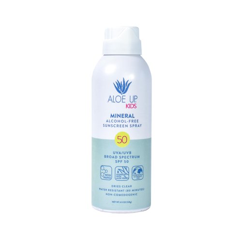 Aloe Up Kids Broad Spectrum Mineral Sunscreen Spray SPF 50 - Alcohol-Free Face and Body Sun Protector for Sensitive Skin - With Gen2 Zinc Oxide and Aloe Vera - Reef Safe - Fragrance-Free - 4.5 Oz