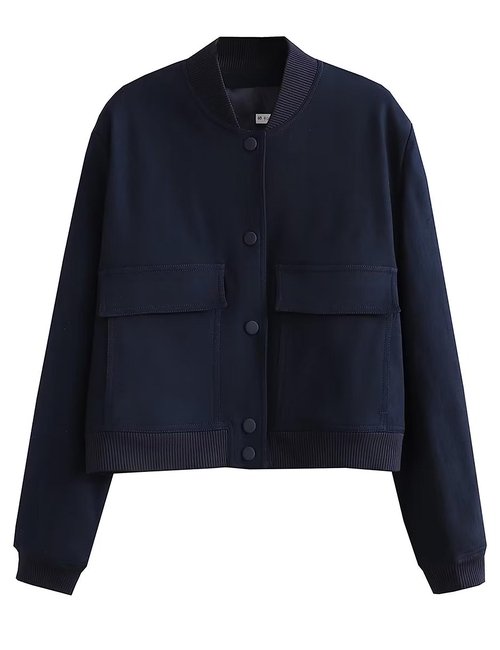 SCUSTY Women's Button Down Bomber Jacket Drop Shoulder Short Cropped Coat Outwear(Navy-S)