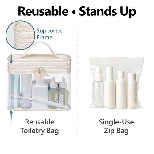 PACKISM TSA Approved Toiletry Bag, 2-Pack Quart Size Clear Makeup Bag for Women, 3-1-1 Compliant Clear Travel Bag for Toiletries with Heavy-Duty PVC, Dual Zipper for Airport Security, Beige