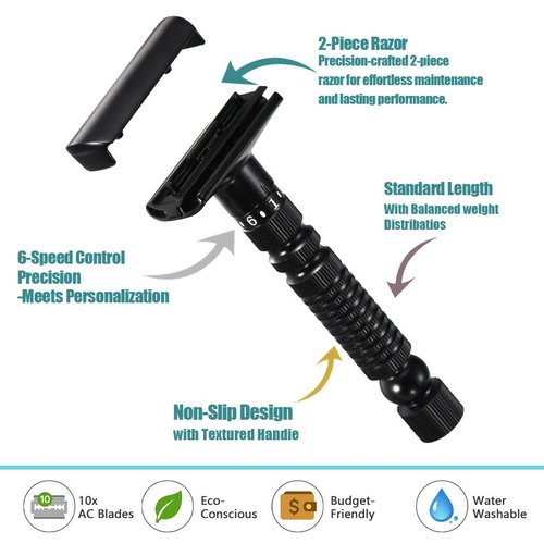 6-speed adjustable dual-blade safety razor with 10 platinum-coated stainless steel blades. Includes optional stand. Comes with complimentary travel pouch. (Silver)