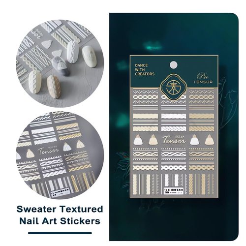 1 Sheet Winter Knit Sweater Cloth Pattern Nail Stickers,5D Acrylic Engraved Nail Sticker Art Decoration,Self-Adhesive DIY Nails Sticker French Stripe Line Nail Decals for Acrylic Nails Manicure