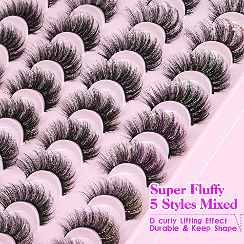 JIMIRE False Eyelashes Natural Fluffy Wispy Faux Mink Lashes 5D 14mm-18mm 5 Styles Mixed Lashes for Small Eyes Natural Look Fake Eyelashes 20 Pairs Multipack