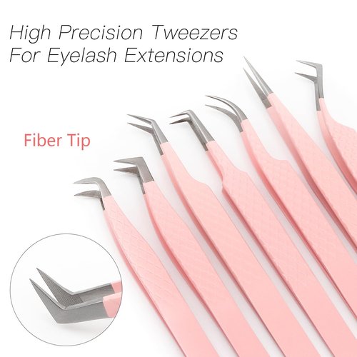 Lash Tweezers For Eyelash Extensions Fiber Tip Lash Tweezers Pink Straight/Curved Tweezer(Pink,X07)