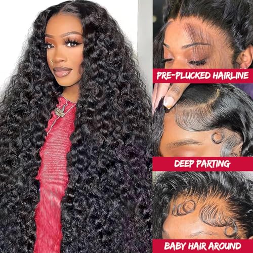 Deep Wave Lace Front Wigs Human Hair Deep Wave Wig 200% Density Curly Glueless Lace Front Wig Human Hair 13x4 HD Lace Frontal Wigs Wigs for Black Women Pre Plucked 18 Inch