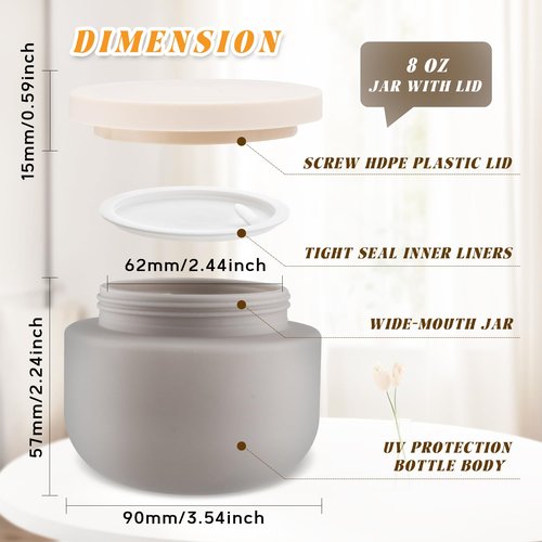 4 Pack 8 OZ Plastic Jars Round Cosmetic Container with Lids,Wide Mouth Soft Slime Jars for Lotion,Hand Cream,Ointments,Makeup,Body Butter,Rhinestone,Samples Pot Travel Make Up Storage (Grey)
