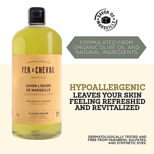 Fer à Cheval Olive Oil Marseille Liquid Soap 1L/33.81 fl oz - Hypoallergenic, Natural Ingredients, Eco-Friendly Body & Hand Wash