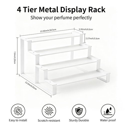 GOENDR Cologne Organizer for Men, 4 Tier All Metal Perfume Organizer Stand, Versatile Step Display Risers Shelf for Fragrance, Skincare, Figurine, Cupcake, Dessert, Spice, 1 Set White