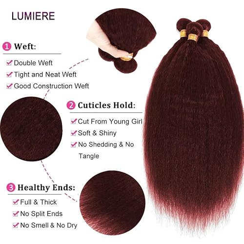 Wine Red Bundles Human Hair Yaki Straight Bundles 12 14 16 Inch #99J Burgundy Kinky Straight Bundle Unprocessed Brazilian Virgin Weave Hair 3 Bundle 50 Gram Per Bundle